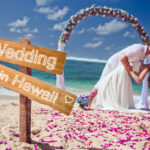 wedding couple just married near the beach at Hawaii with copy space for text